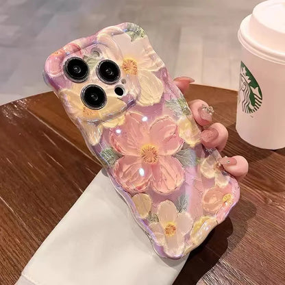 Luxury Pink Laser Flowers Phone Case For iPhone 14 Plus 11 12 13 15 16 Pro Max Lens Protection Shockproof Bumper Soft Back Cover