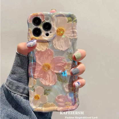 Luxury Pink Laser Flowers Phone Case For iPhone 14 Plus 11 12 13 15 16 Pro Max Lens Protection Shockproof Bumper Soft Back Cover