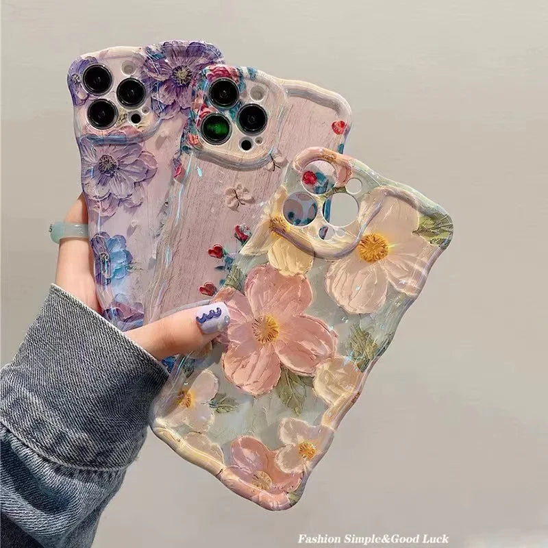 Luxury Pink Laser Flowers Phone Case For iPhone 14 Plus 11 12 13 15 16 Pro Max Lens Protection Shockproof Bumper Soft Back Cover