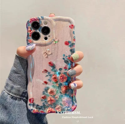 Luxury Pink Laser Flowers Phone Case For iPhone 14 Plus 11 12 13 15 16 Pro Max Lens Protection Shockproof Bumper Soft Back Cover