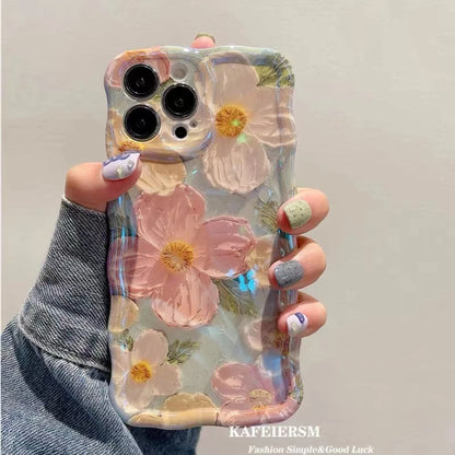 Luxury Pink Laser Flowers Phone Case For iPhone 14 Plus 11 12 13 15 16 Pro Max Lens Protection Shockproof Bumper Soft Back Cover