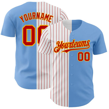 Light Blue Yellow Red Pinstripe Split Custom Name Baseball Jerseys For Men & Women