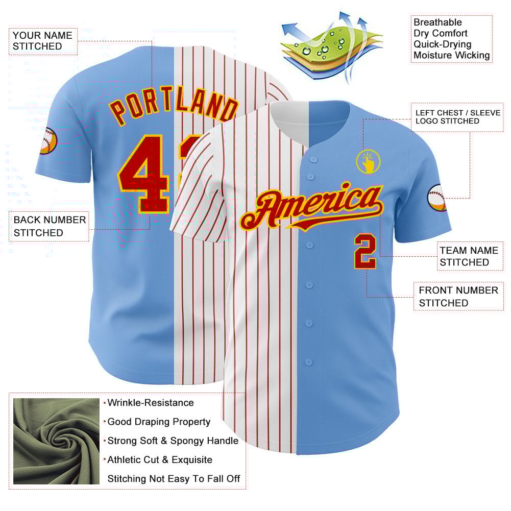 Light Blue Yellow Red Pinstripe Split Custom Name Baseball Jerseys For Men & Women