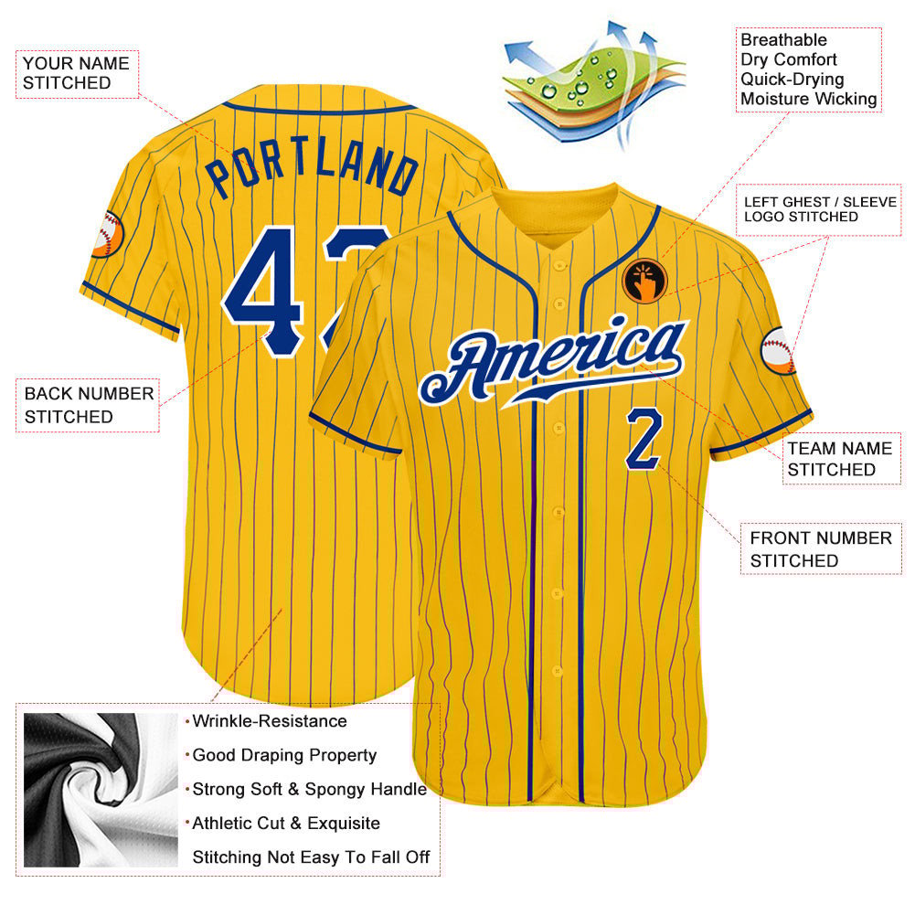 Yellow Royal Pinstripe Royal-White Banana Style Custom Baseball Jerseys Made In USA