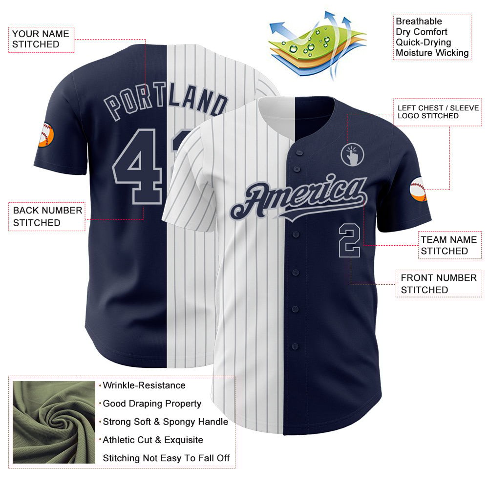 Navy White Gray Pinstripe Split Custom Name Baseball Jerseys For Men & Women