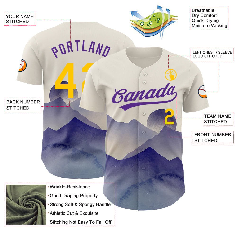 Cream Yellow Purple Watercolor Mountains Custom Name Baseball Jerseys For Men & Women