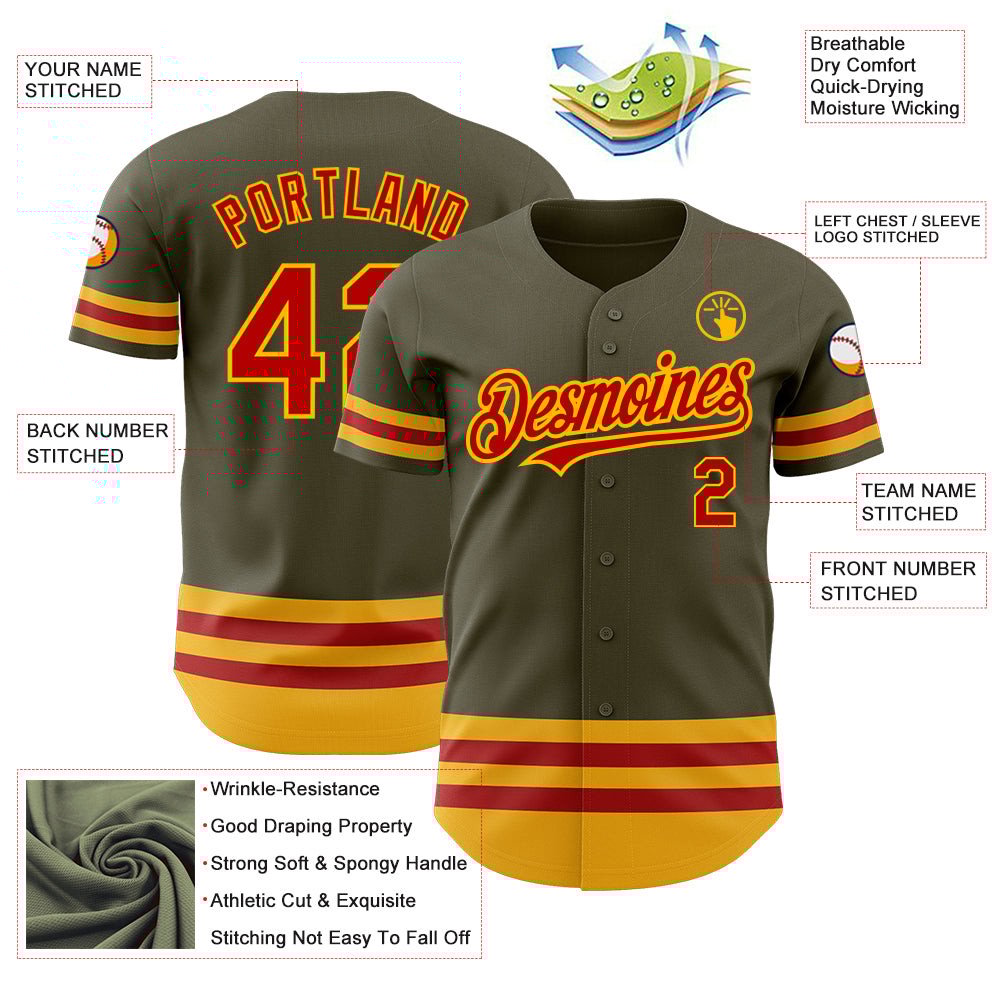 Olive Red Gold Line Salute To Service Custom Name Baseball Jerseys For Men & Women