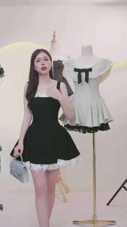 [Tặng Quần Bảo Hộ] Đầm dự tiệc xoè hai dây bảng cổ U viền ren tùng xoè nơ eo sang trọng size SML XL D1171