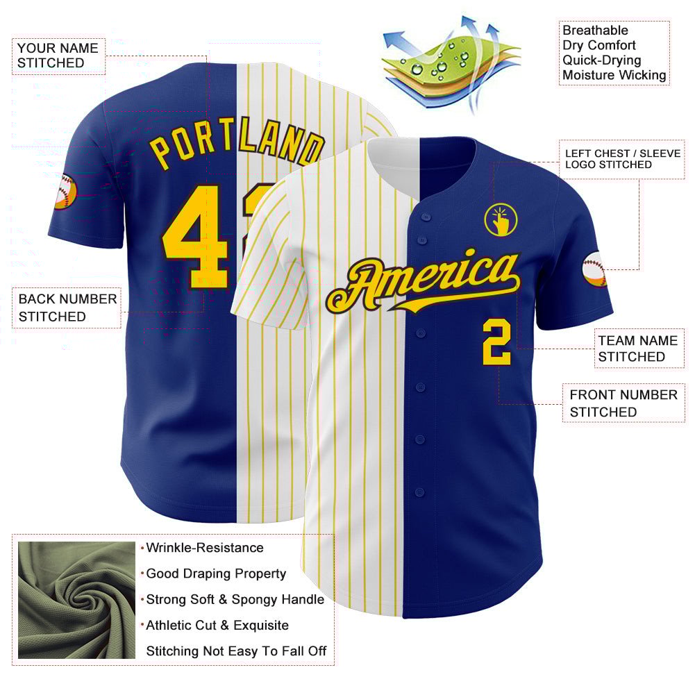Royal Black Yellow Pinstripe Split Custom Name Baseball Jerseys For Men & Women