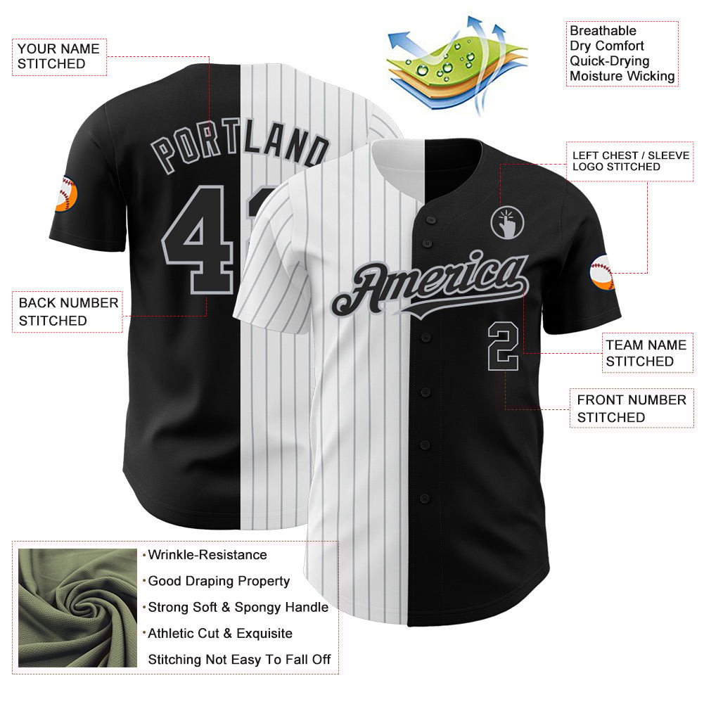 Black White Gray Pinstripe Split Custom Name Baseball Jerseys For Men & Women