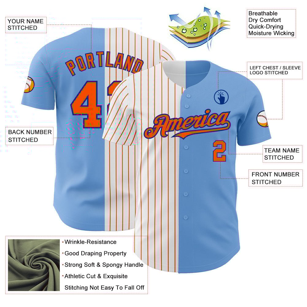 Light Blue Royal Orange Pinstripe Split Custom Name Baseball Jerseys For Men & Women