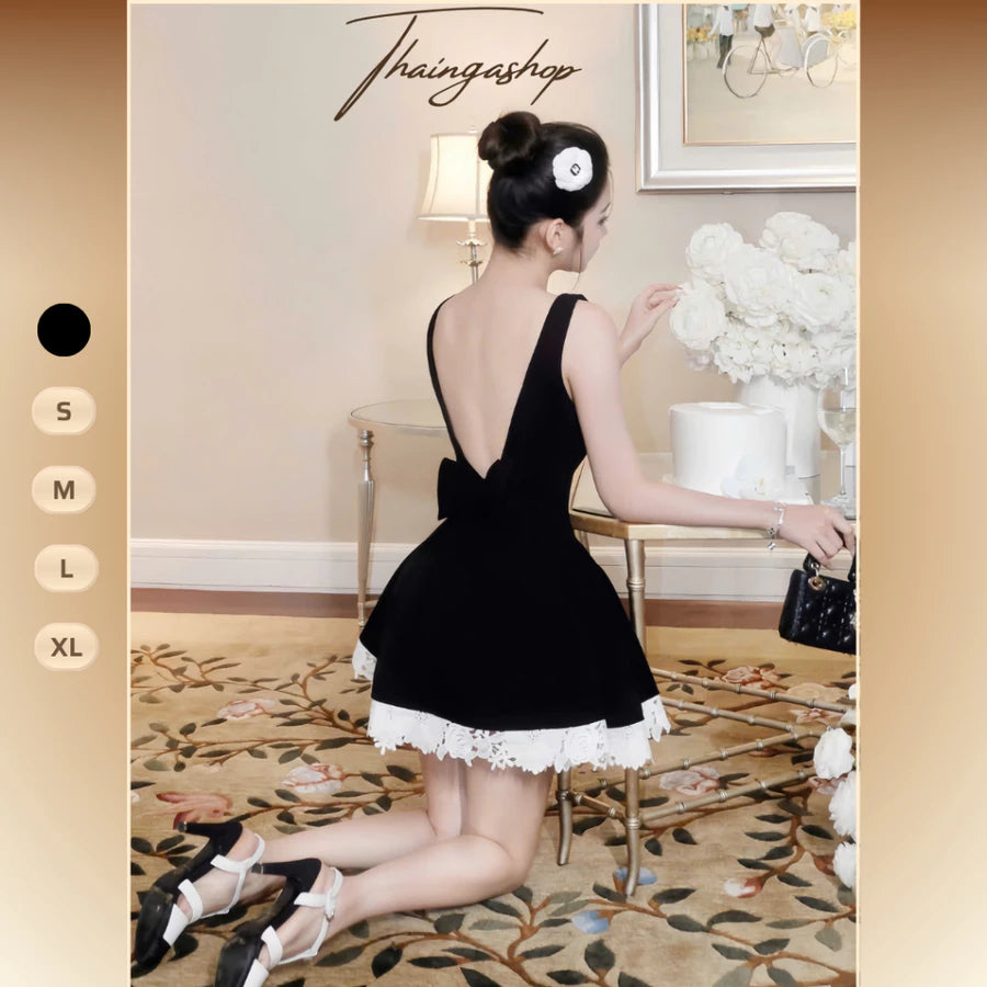 [Tặng Quần Bảo Hộ] Đầm dự tiệc xoè hai dây bảng cổ U viền ren tùng xoè nơ eo sang trọng size SML XL D1171