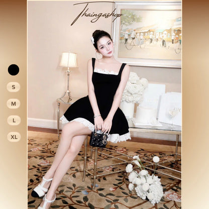 [Tặng Quần Bảo Hộ] Đầm dự tiệc xoè hai dây bảng cổ U viền ren tùng xoè nơ eo sang trọng size SML XL D1171