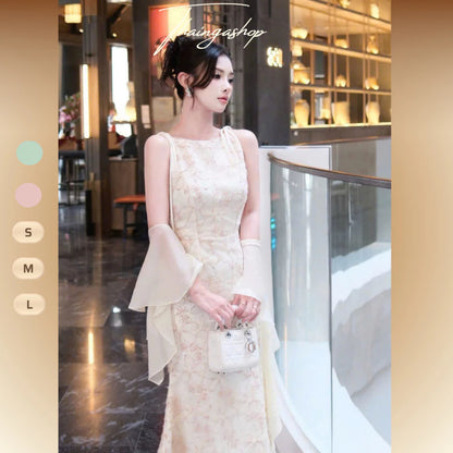 Đầm Dự Tiệc Dài Đuôi Cá Cổ Thuyền Chất Ren Hoa Màu Xanh, Màu Hồng D1430