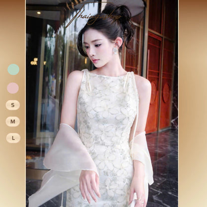 Đầm Dự Tiệc Dài Đuôi Cá Cổ Thuyền Chất Ren Hoa Màu Xanh, Màu Hồng D1430