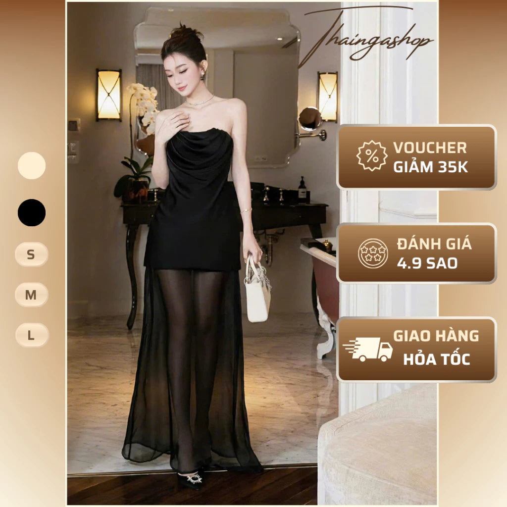 Đầm dự tiệc cúp xoắn kèm chân Váy voan lụa dài màu nude màu đen size SML sang trọng D1361