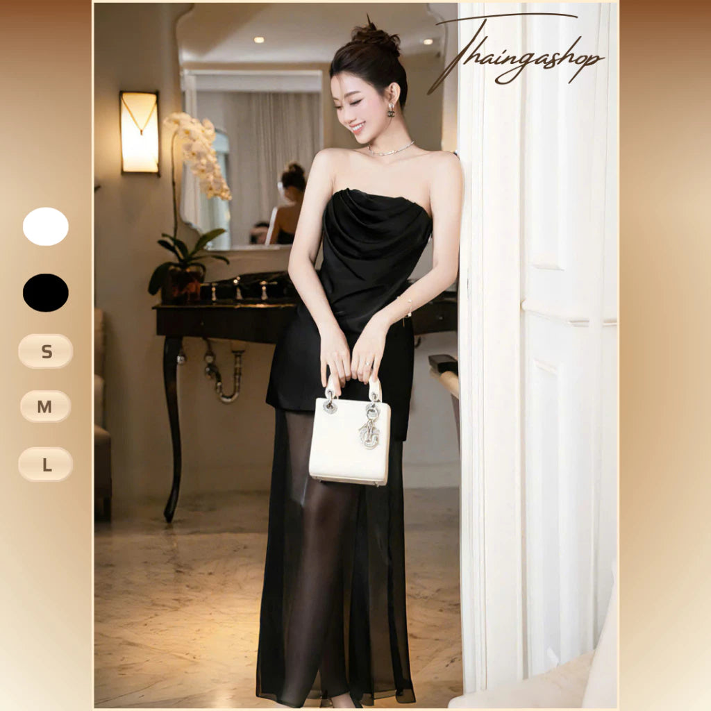 Đầm dự tiệc cúp xoắn kèm chân Váy voan lụa dài màu nude màu đen size SML sang trọng D1361