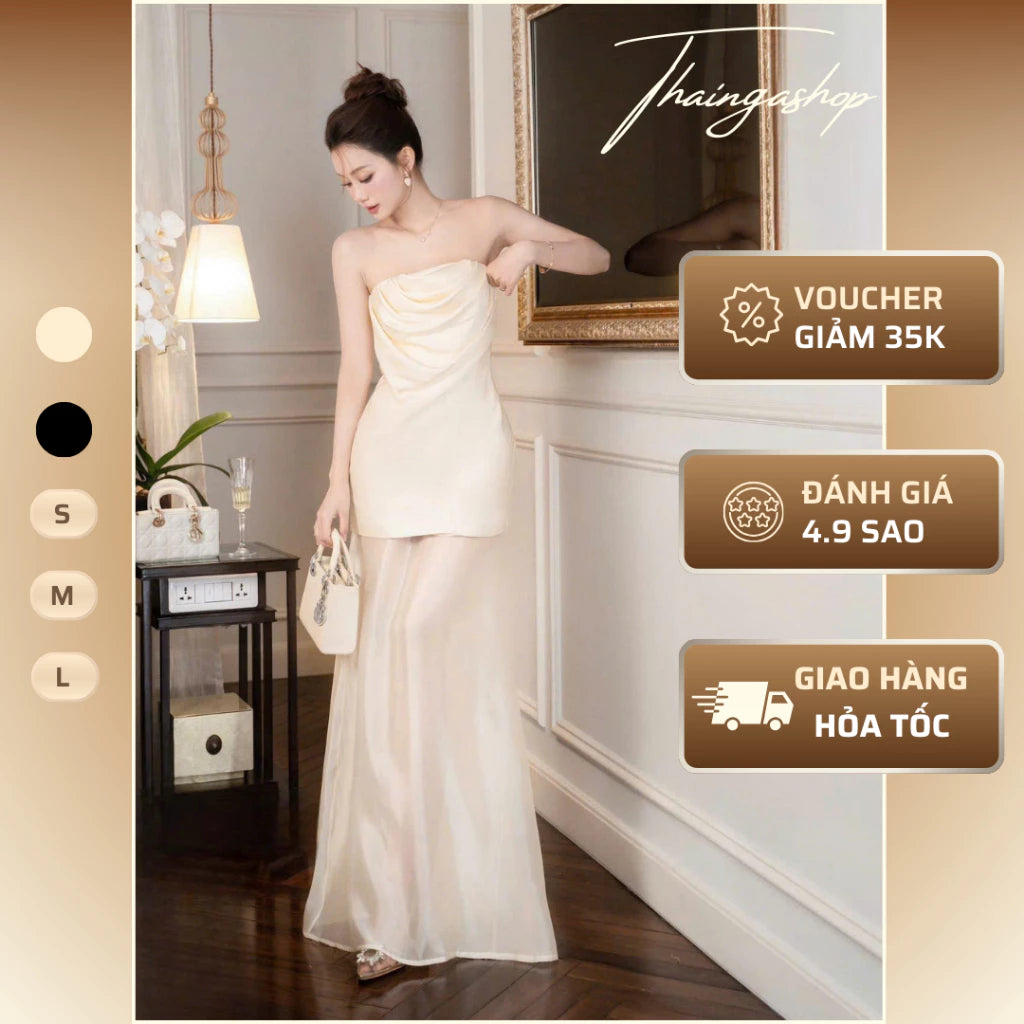 Đầm dự tiệc cúp xoắn kèm chân Váy voan lụa dài màu nude màu đen size SML sang trọng D1361