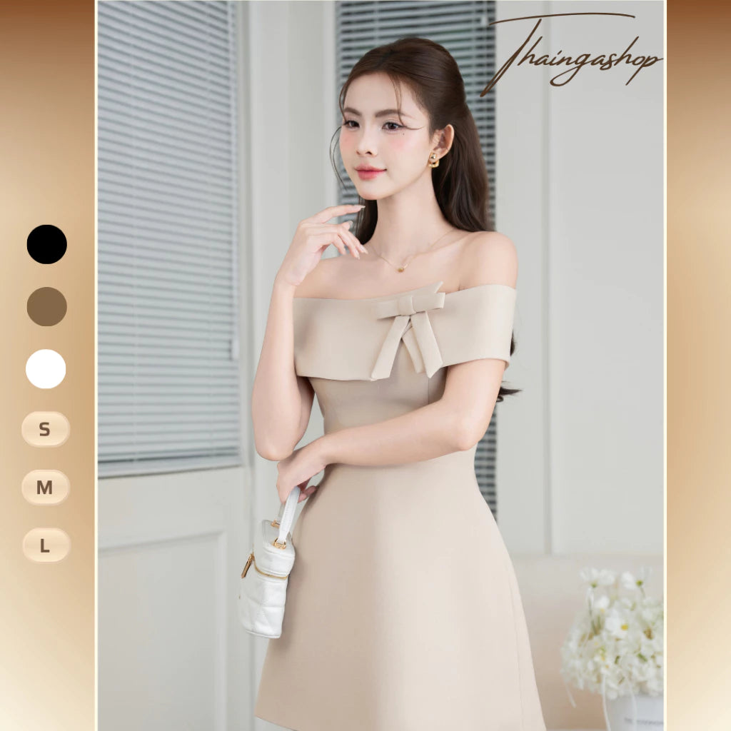 Đầm Dự Tiệc Trễ Vai Siết Eo Đính Nơ Dáng Ngắn Sang Trọng – Màu Sắc Khỏa Thân, Trắng, Đen – Size SML – Mã D1438