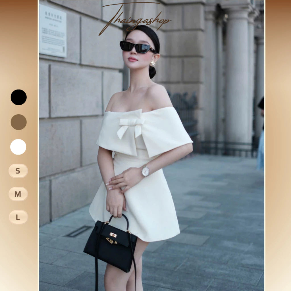 Đầm Dự Tiệc Trễ Vai Siết Eo Đính Nơ Dáng Ngắn Sang Trọng – Màu Sắc Khỏa Thân, Trắng, Đen – Size SML – Mã D1438
