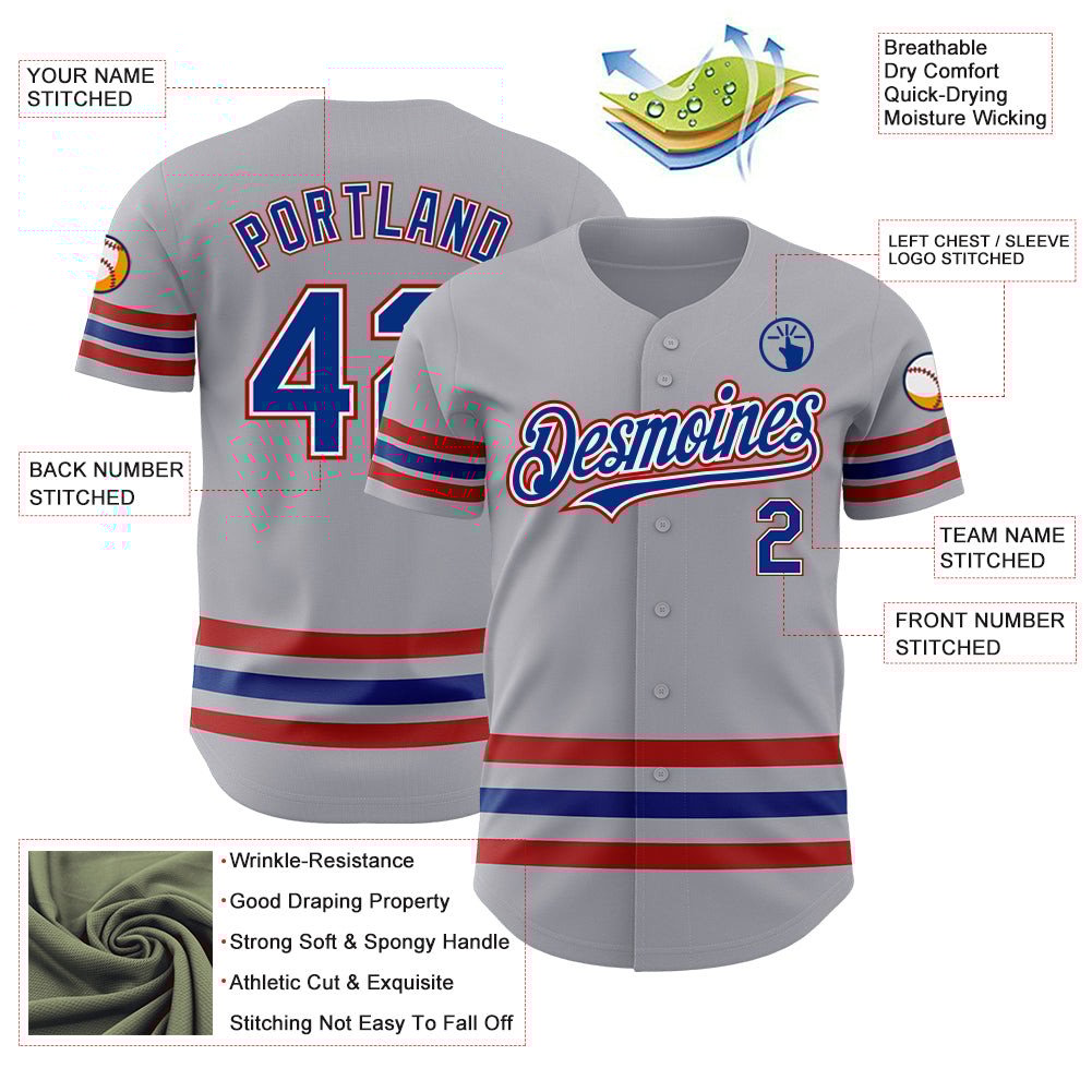 Gray Royal Red Line Custom Name Baseball Jerseys For Men & Women