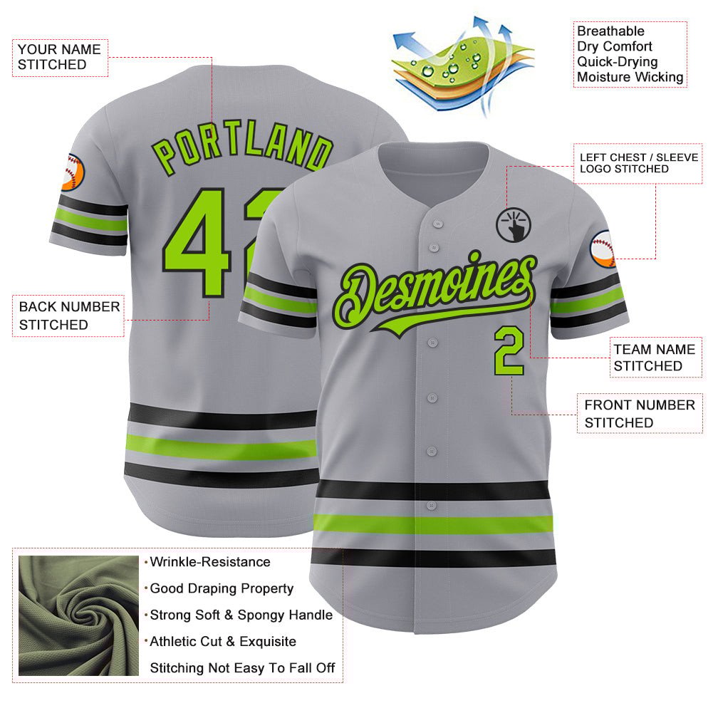 Gray Neon Green Black Line Custom Name Baseball Jerseys For Men & Women