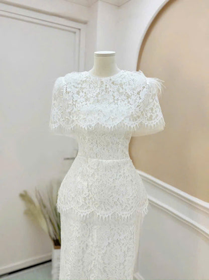 Đầm dự tiệc ren kiểu dáng dài đính lông vũ màu trắng, màu đen sang trọng đính kèm hoa size SML XL XXL D0929