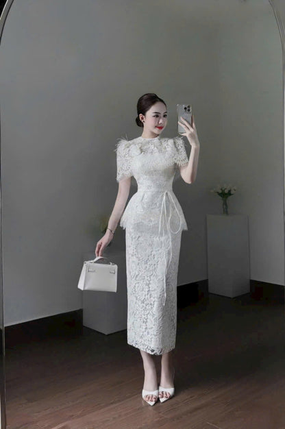 Đầm dự tiệc ren kiểu dáng dài đính lông vũ màu trắng, màu đen sang trọng đính kèm hoa size SML XL XXL D0929