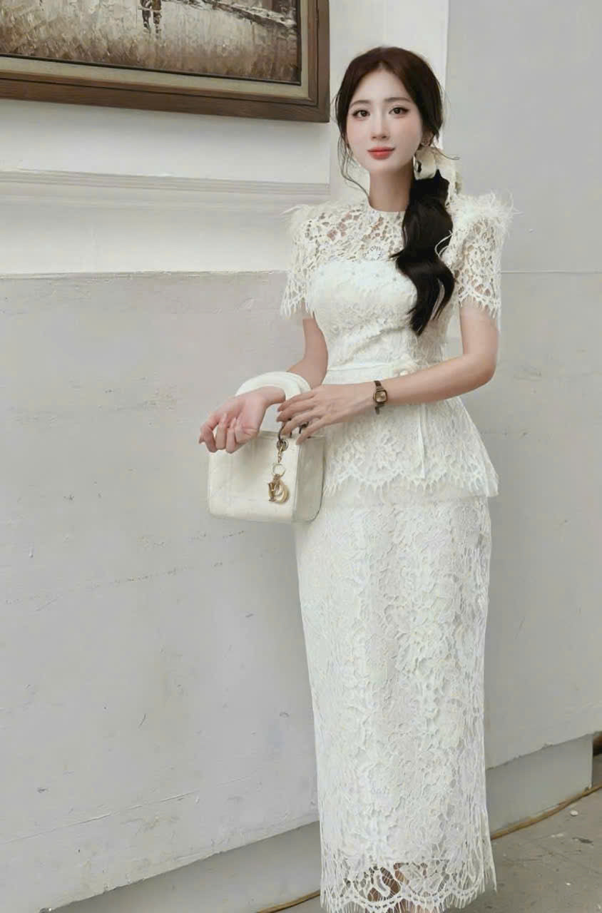 Đầm dự tiệc ren kiểu dáng dài đính lông vũ màu trắng, màu đen sang trọng đính kèm hoa size SML XL XXL D0929