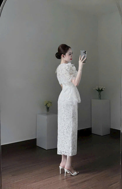 Đầm dự tiệc ren kiểu dáng dài đính lông vũ màu trắng, màu đen sang trọng đính kèm hoa size SML XL XXL D0929