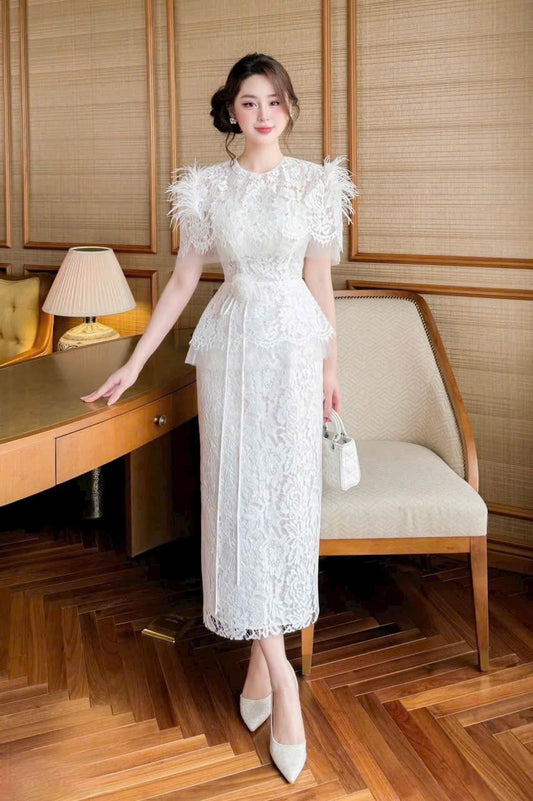Đầm dự tiệc ren kiểu dáng dài đính lông vũ màu trắng, màu đen sang trọng đính kèm hoa size SML XL XXL D0929